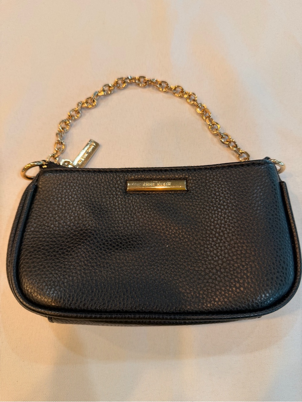 Anne Klein Black Pebbled Leather Mini Bag with Swag Chain